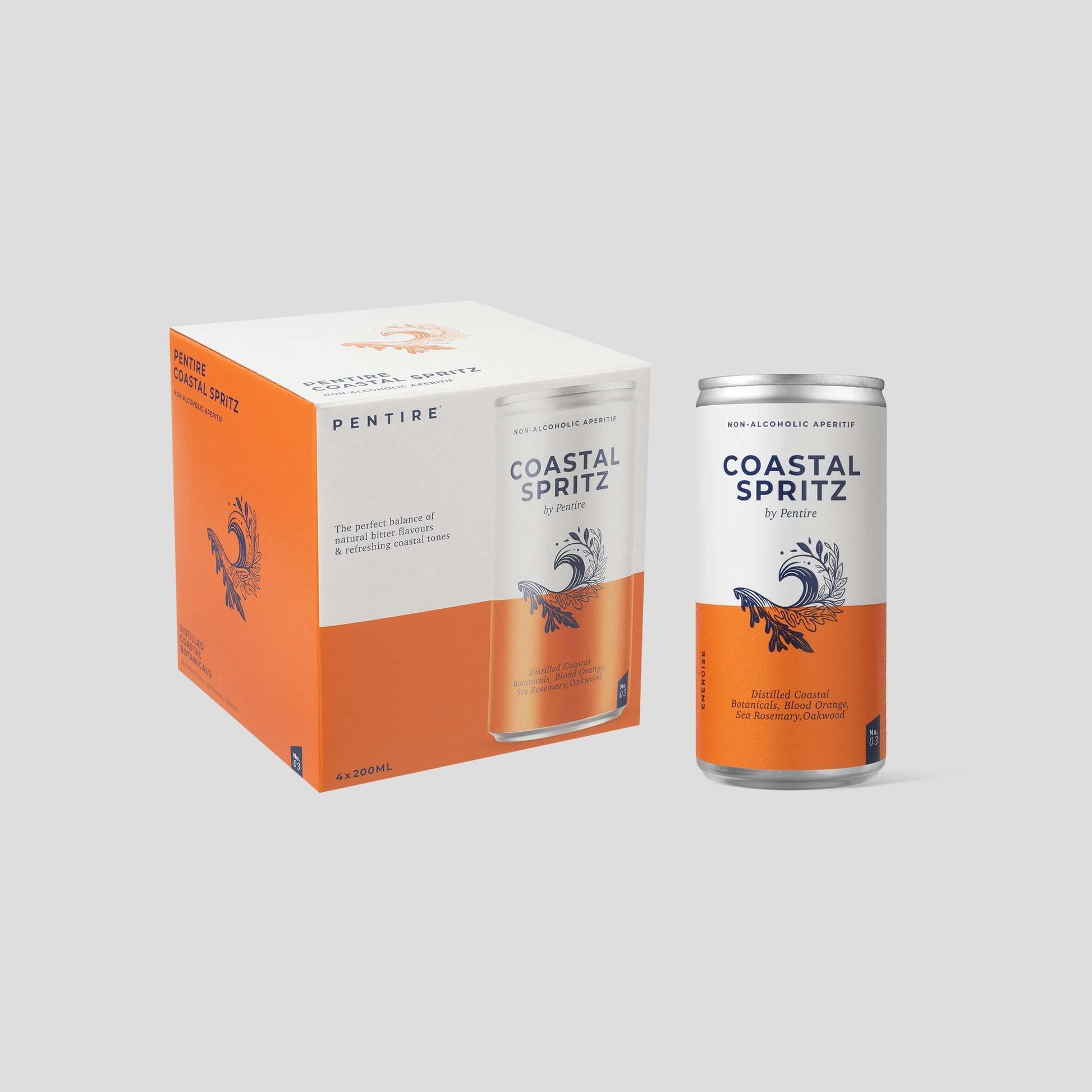 Pentire Coastal Spritz can and packaging, showcasing refreshing coastal flavors for outdoor adventures.