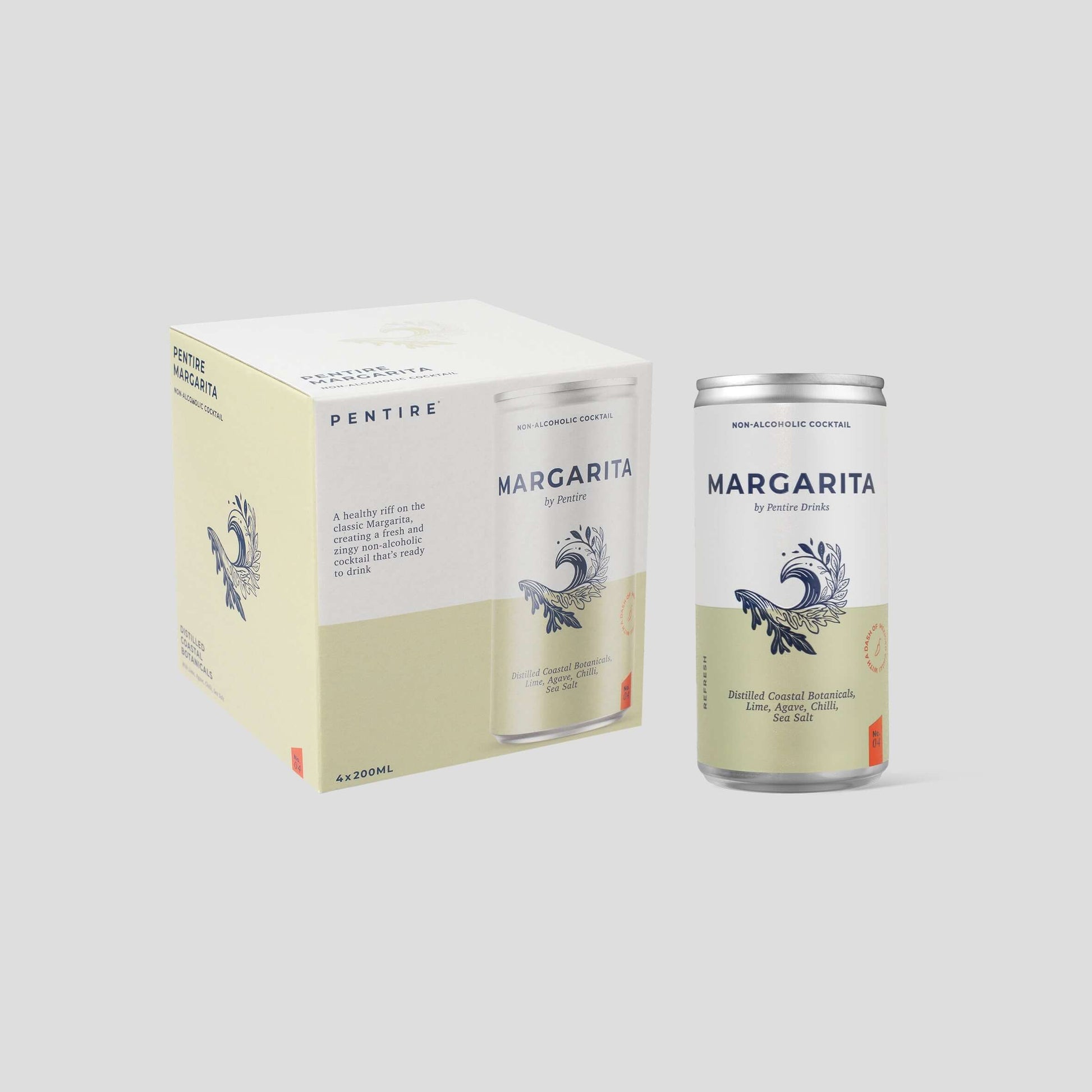 Pentire Margarita can and packaging featuring coastal botanicals, lime, agave, and sea salt.
