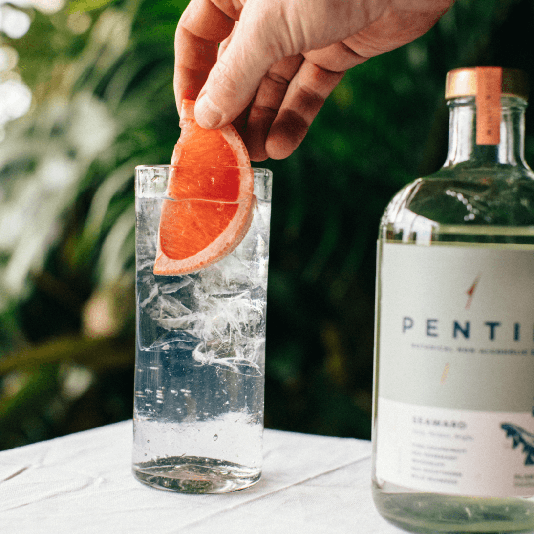 Pentire Seaward non-alcoholic spirit with pink grapefruit garnish in a glass.