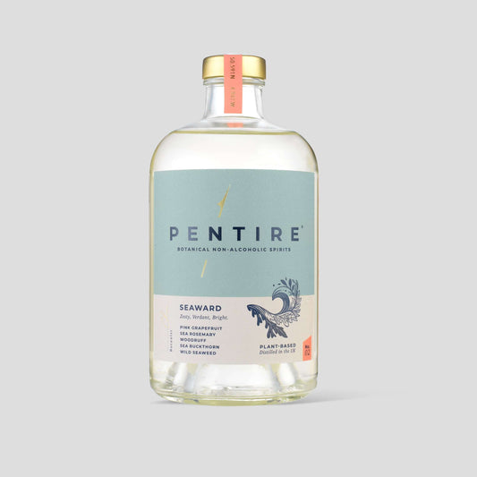 Pentire Seaward non-alcoholic spirit bottle showcasing coastal botanicals and vibrant design.