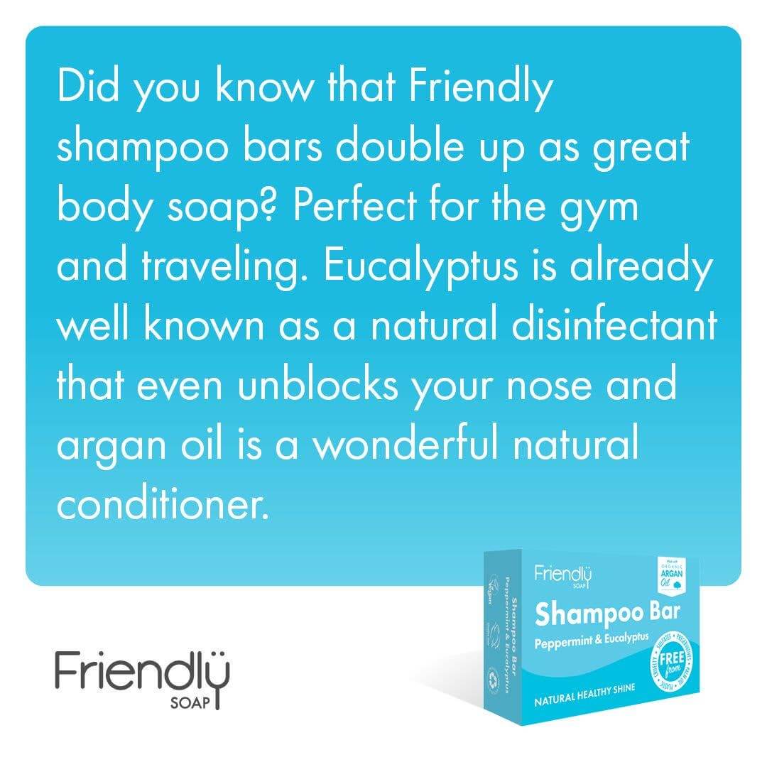 Advertisement for Friendly Soap shampoo bar with text about its uses and benefits.