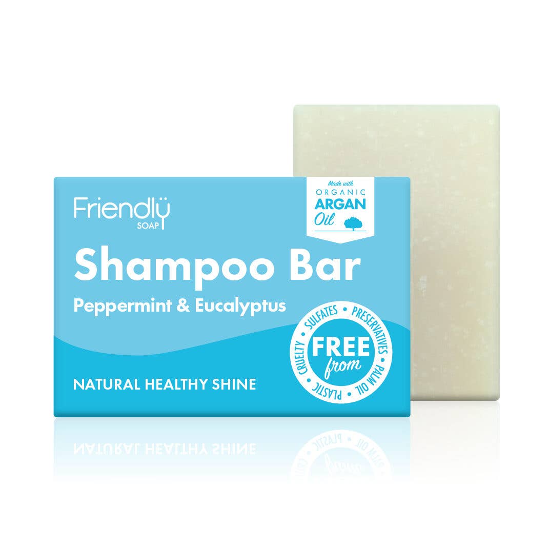 Shampoo bar with packaging labeled 'Friendly Soap' on a white background