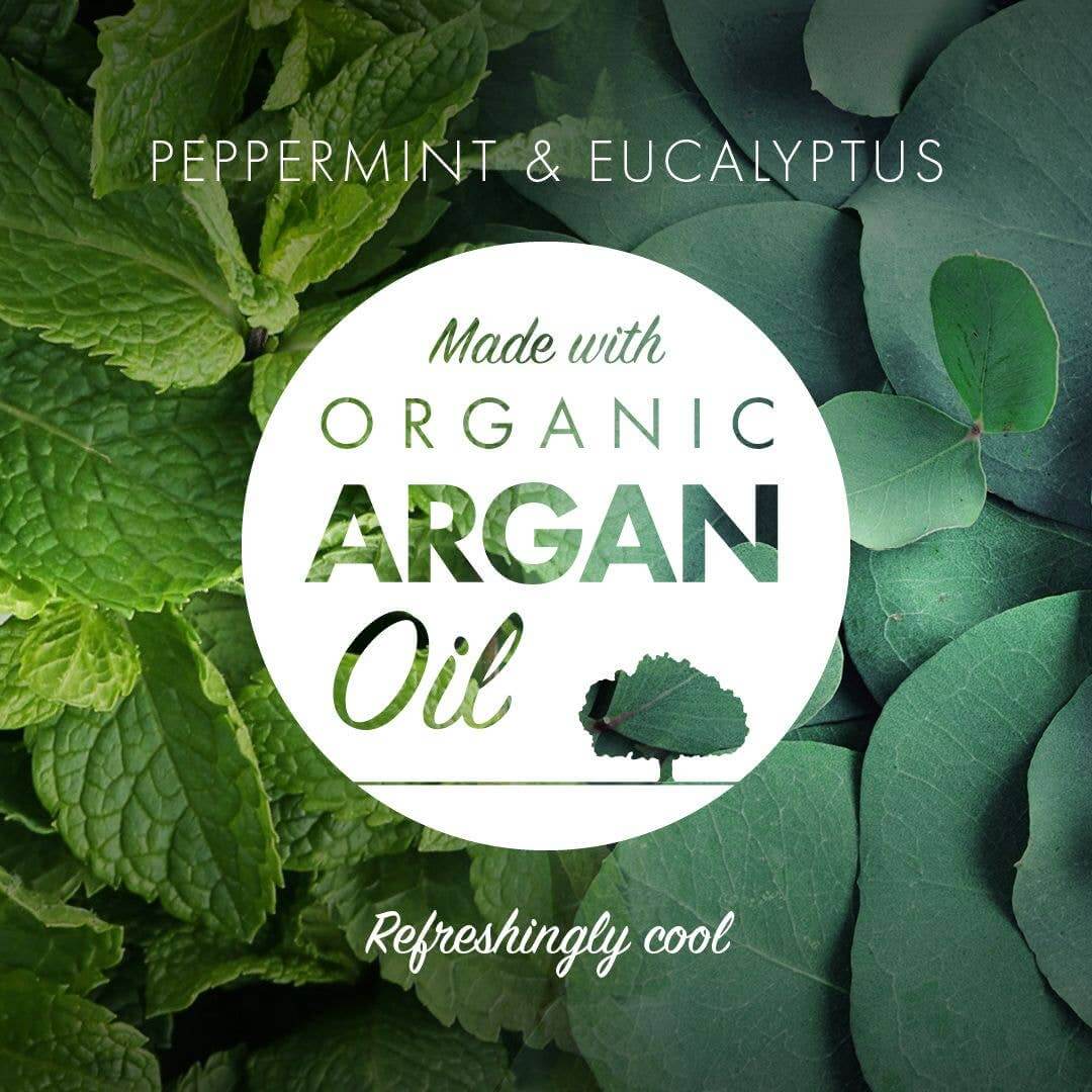 Product label with peppermint and eucalyptus leaves on a green background