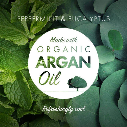 Product label with peppermint and eucalyptus leaves on a green background