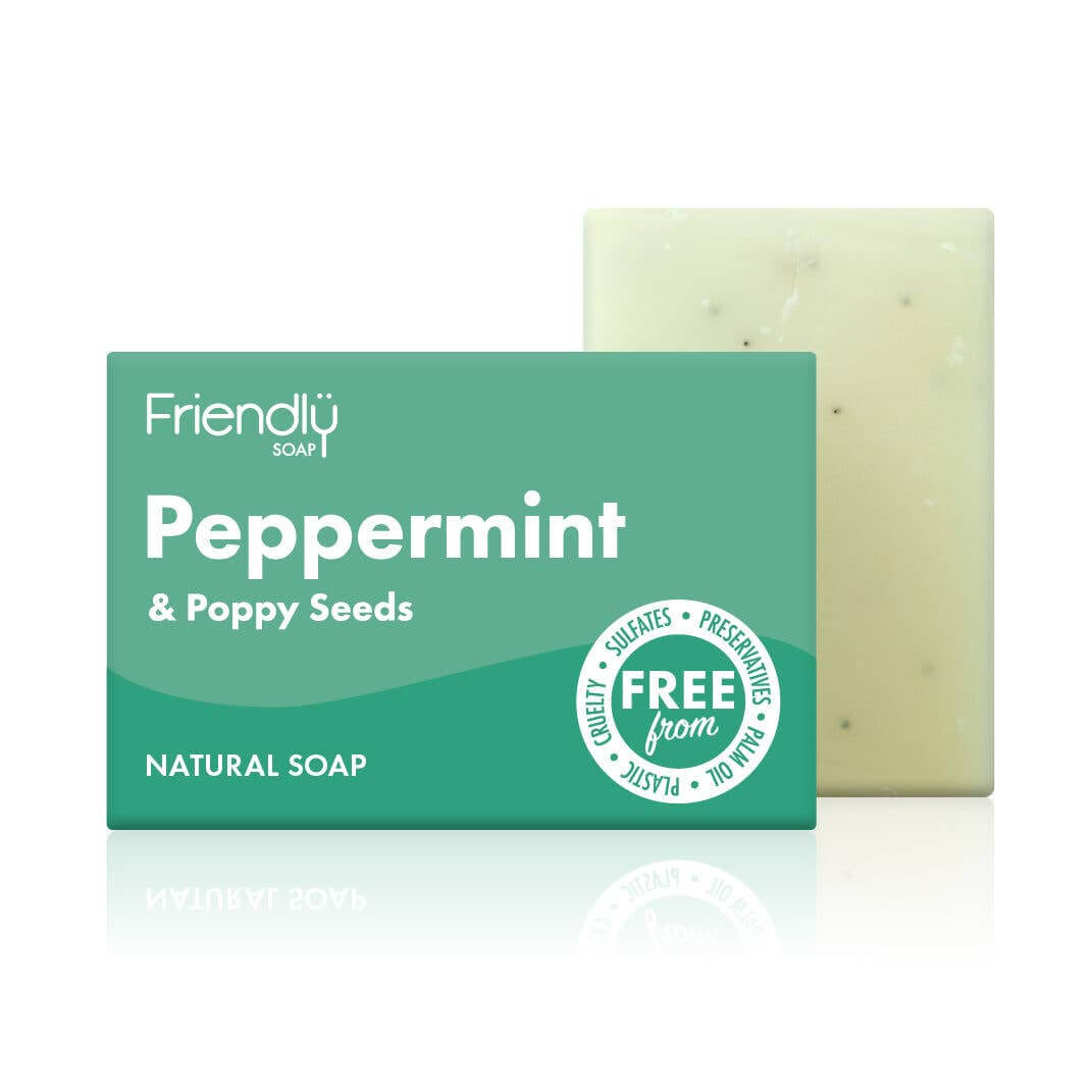 Bar of Friendly Soap with packaging labeled 'Peppermint & Poppy Seeds' on a white background