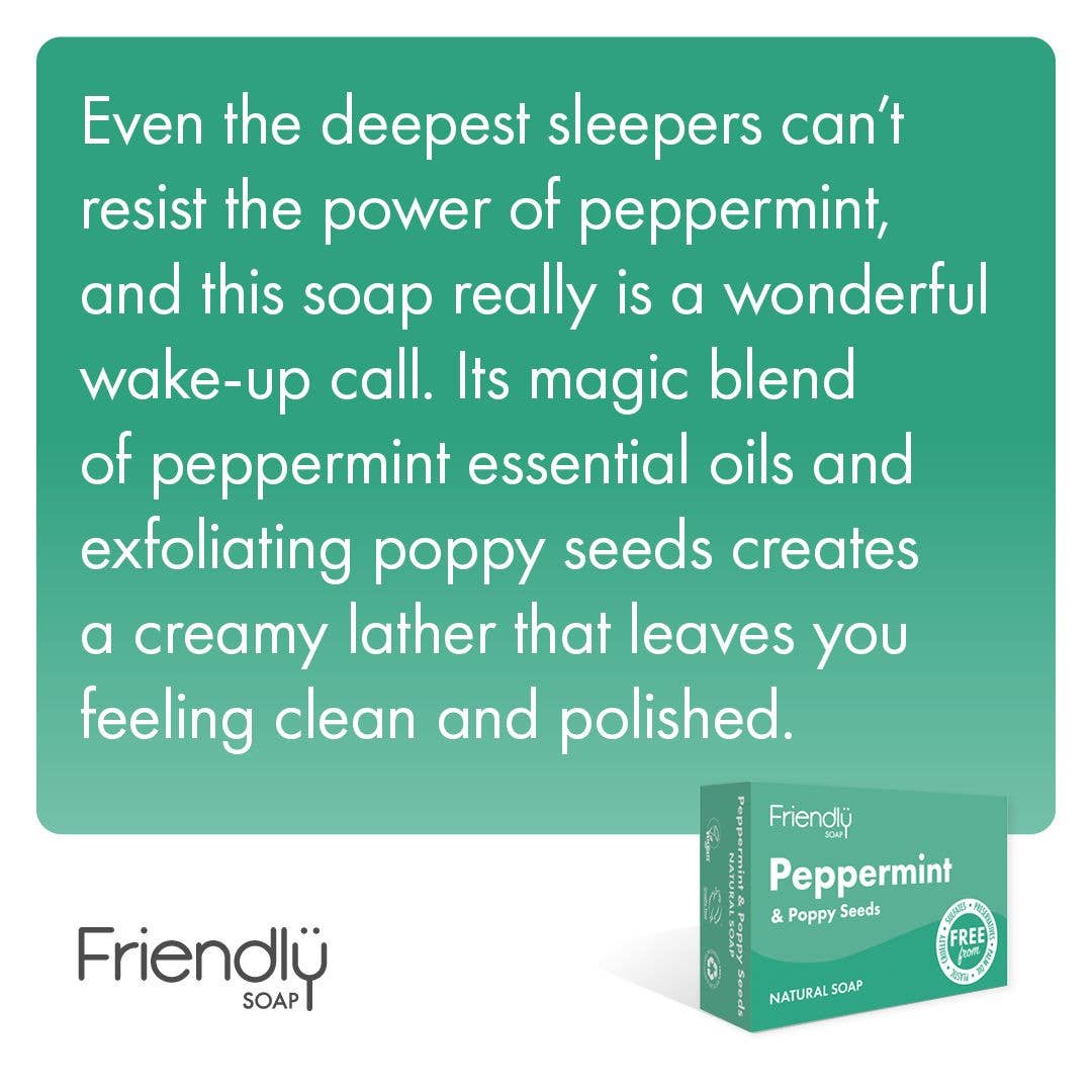 Advertisement for Friendly Soap peppermint and poppy seeds soap with text on a green background