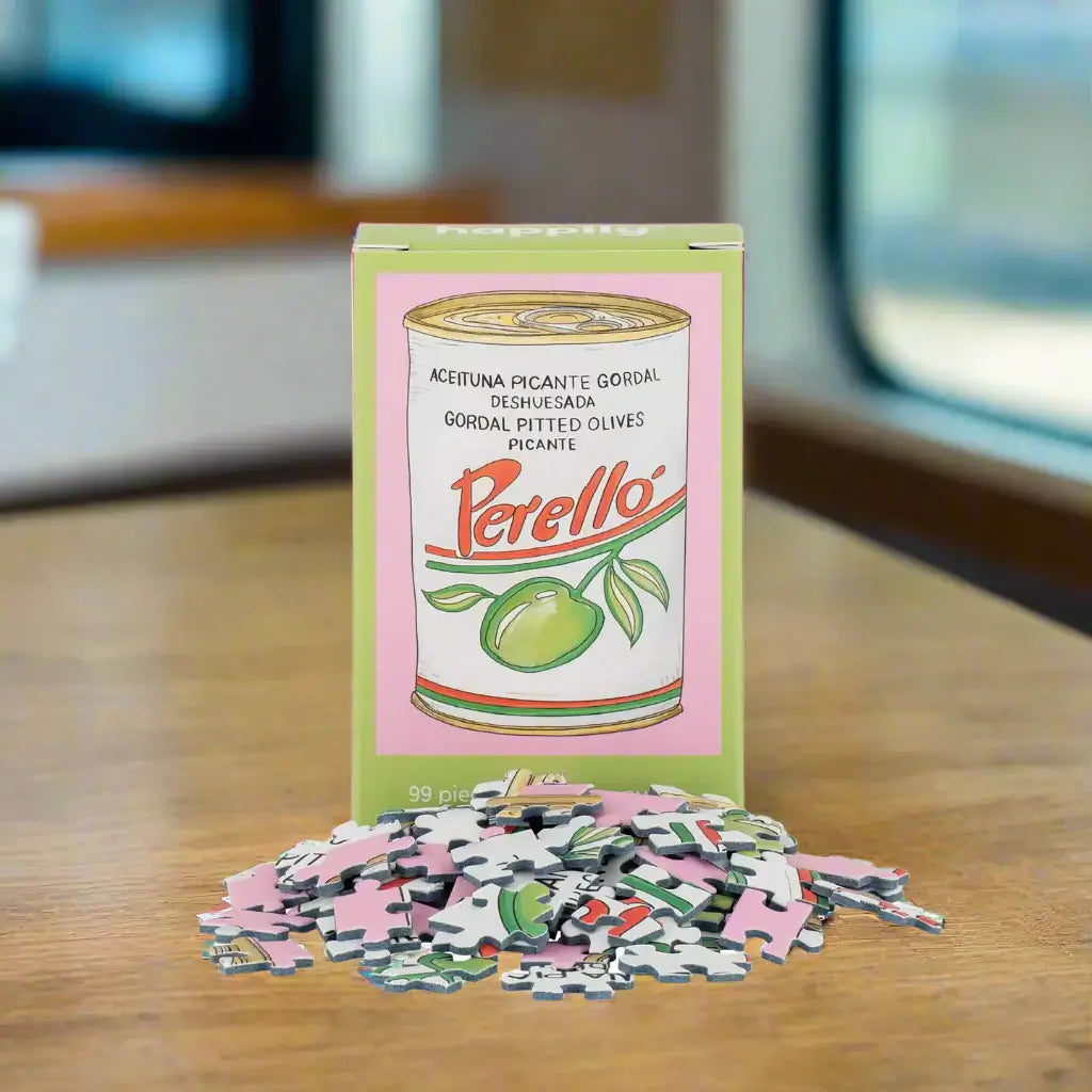 Puzzle box with a can of Perello olives design on a white background