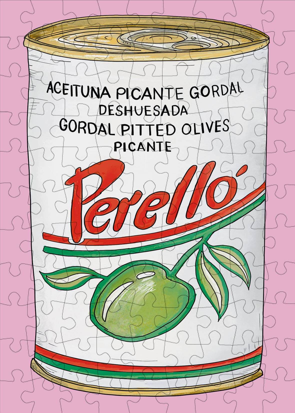 Olive can labeled 'Perello' on a pink background
