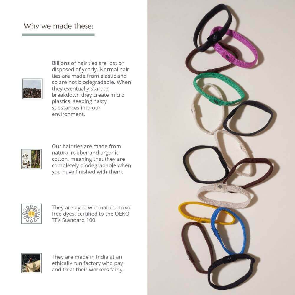 Biodegradable hair ties in various colors with environmental benefits text on a white background