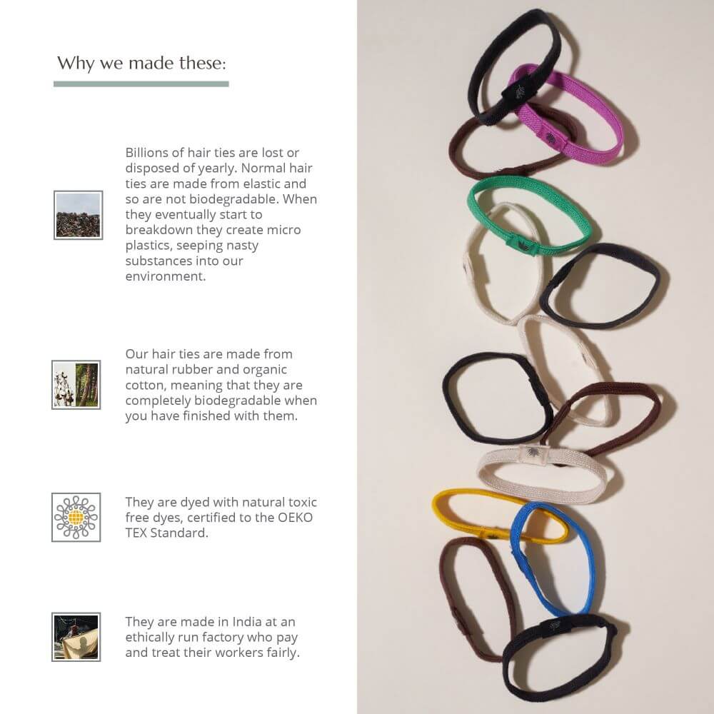 Biodegradable hair ties with environmental benefits on a white background