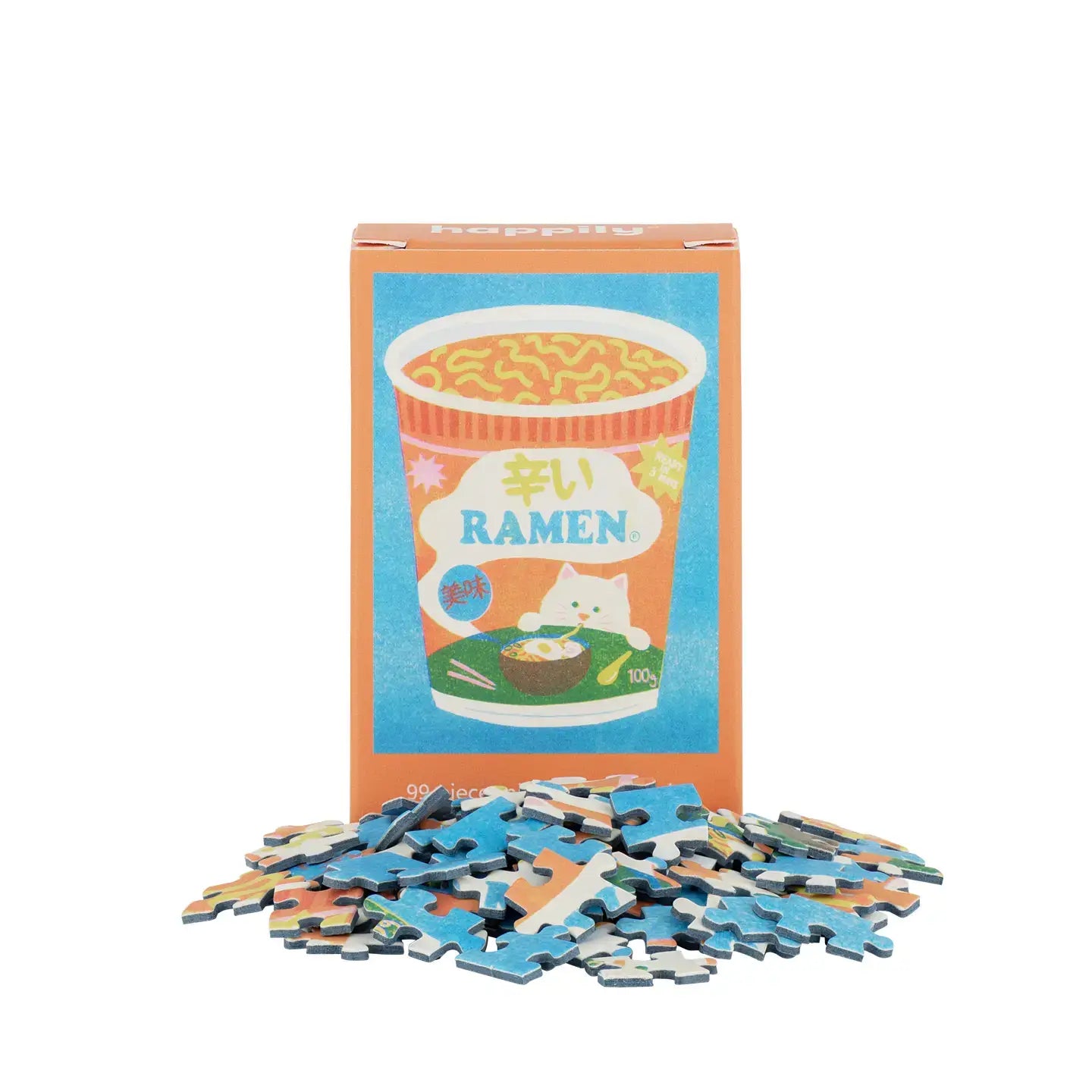 Ramen-themed puzzle with pieces and packaging on a white background