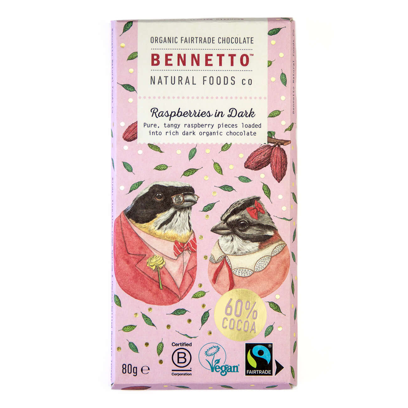 Raspberries in Dark chocolate bar featuring organic Fairtrade certified cocoa from Ecuador.