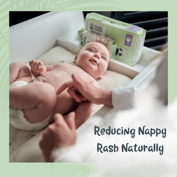 Baby lying on a changing table with a diaper and text about reducing nappy rash naturally.