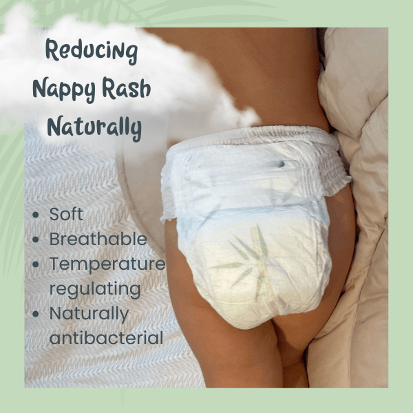 Person wearing a diaper with text about reducing nappy rash naturally on a light green background