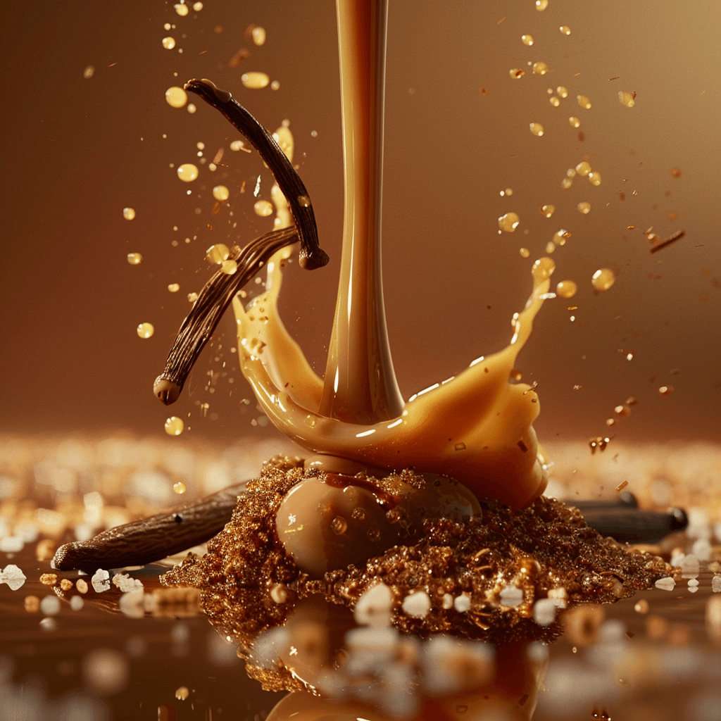Salt Caramel Fragrance 100ml with glossy caramel, vanilla beans, and sea salt splashing in a rich scene.