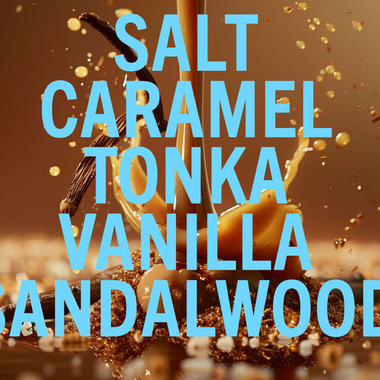 Salt Caramel Fragrance 100ml with tonka, vanilla, and sandalwood in glossy caramel background.