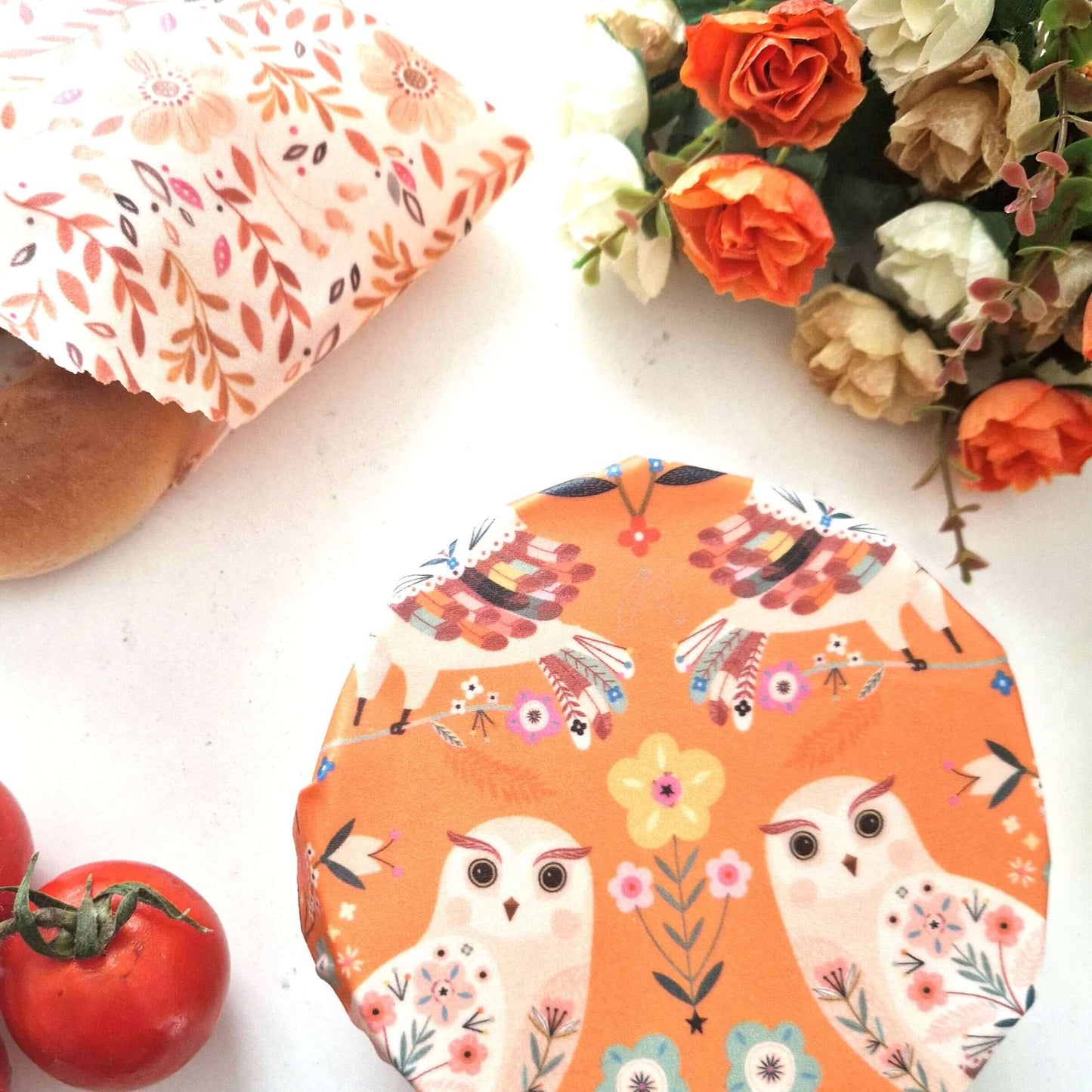 Set of 3 Handmade Beeswax Wraps Owls in vibrant orange with floral design, perfect for food storage.