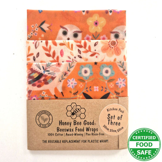 Set of 3 Handmade Beeswax Wraps Owls featuring vibrant patterns, certified food safe, handmade in the UK.