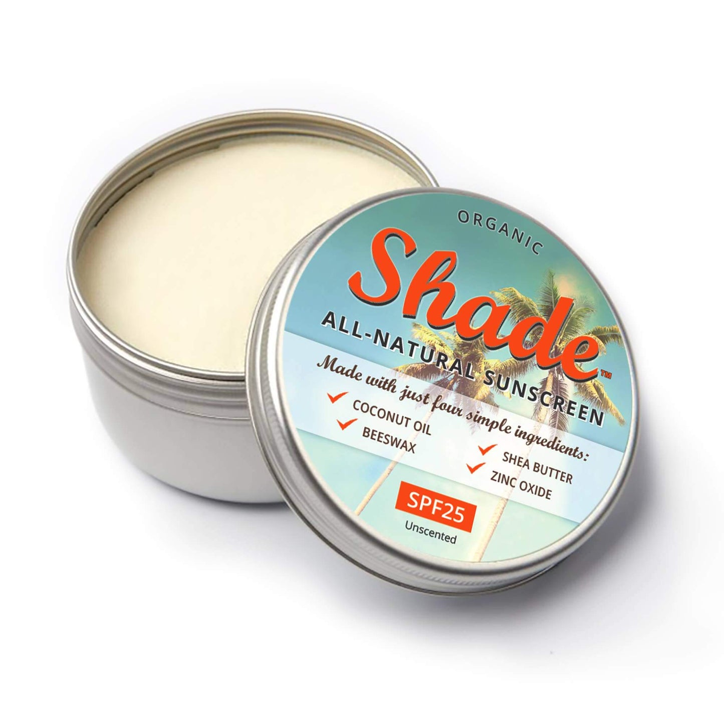 Shade all-natural sunscreen tin with lid open on a white background