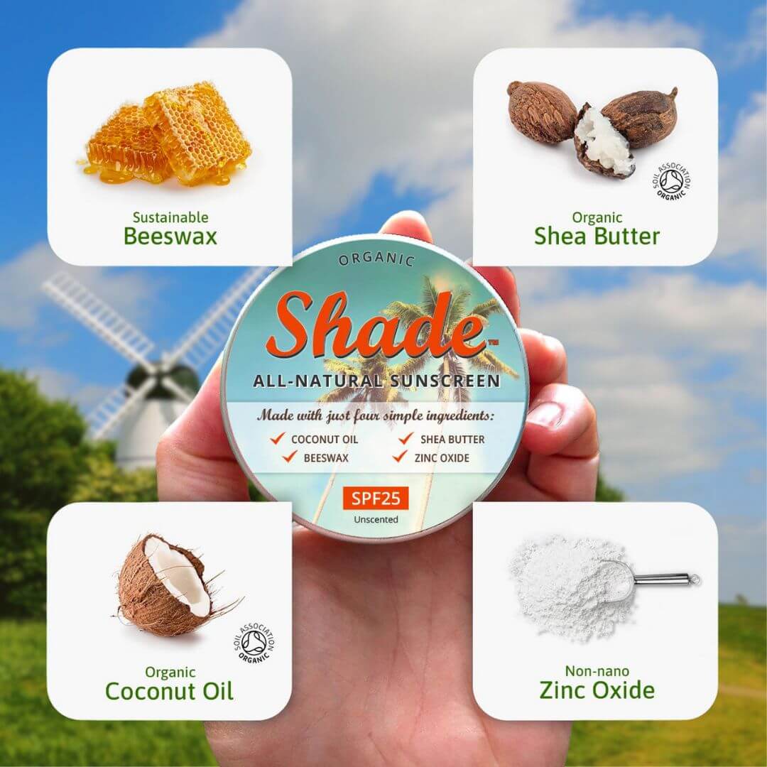 Hand holding a container of Shade all-natural sunscreen with labels for sustainable beeswax, organic shea butter, organic coconut oil, and non-nano zinc oxide.