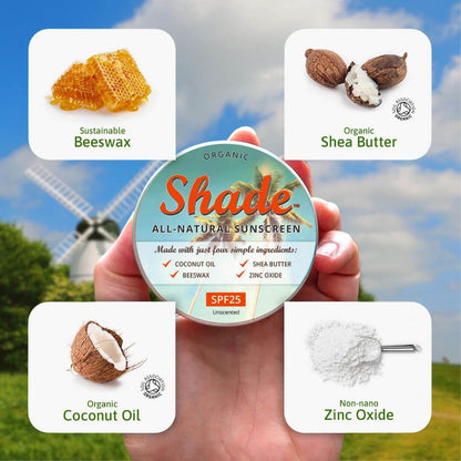 Hand holding a container of Shade all-natural sunscreen with labels for sustainable beeswax, organic shea butter, organic coconut oil, and non-nano zinc oxide.