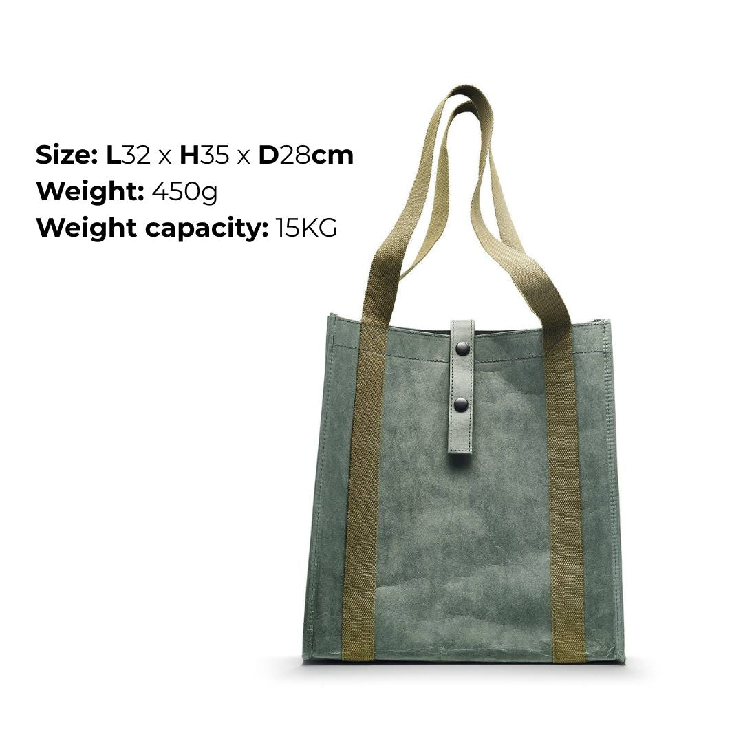 Gray tote bag with brown handles on a white background, featuring size, weight, and capacity information.