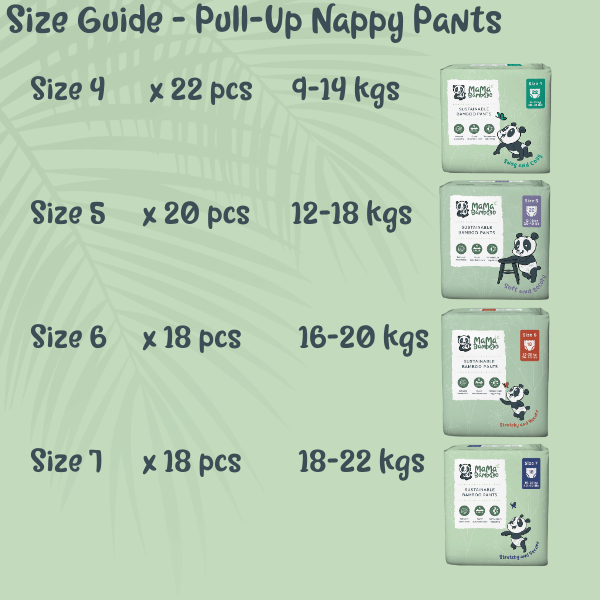 Size guide for pull-up nappy pants with packaging displayed on a green background