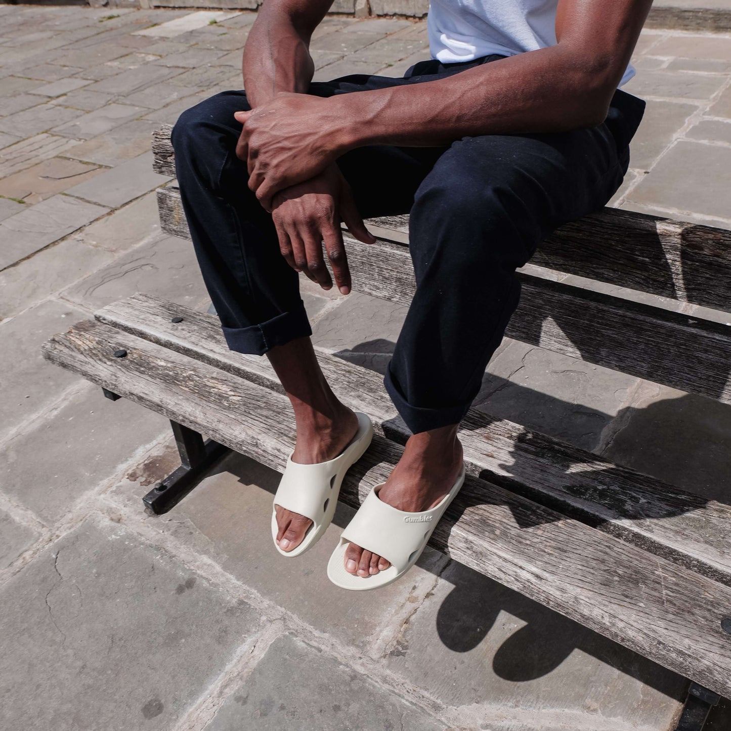 Spasole Slider - Men's - Clay worn outdoors, showcasing comfort and eco-friendly style from an online shop in Brighton and Hove.