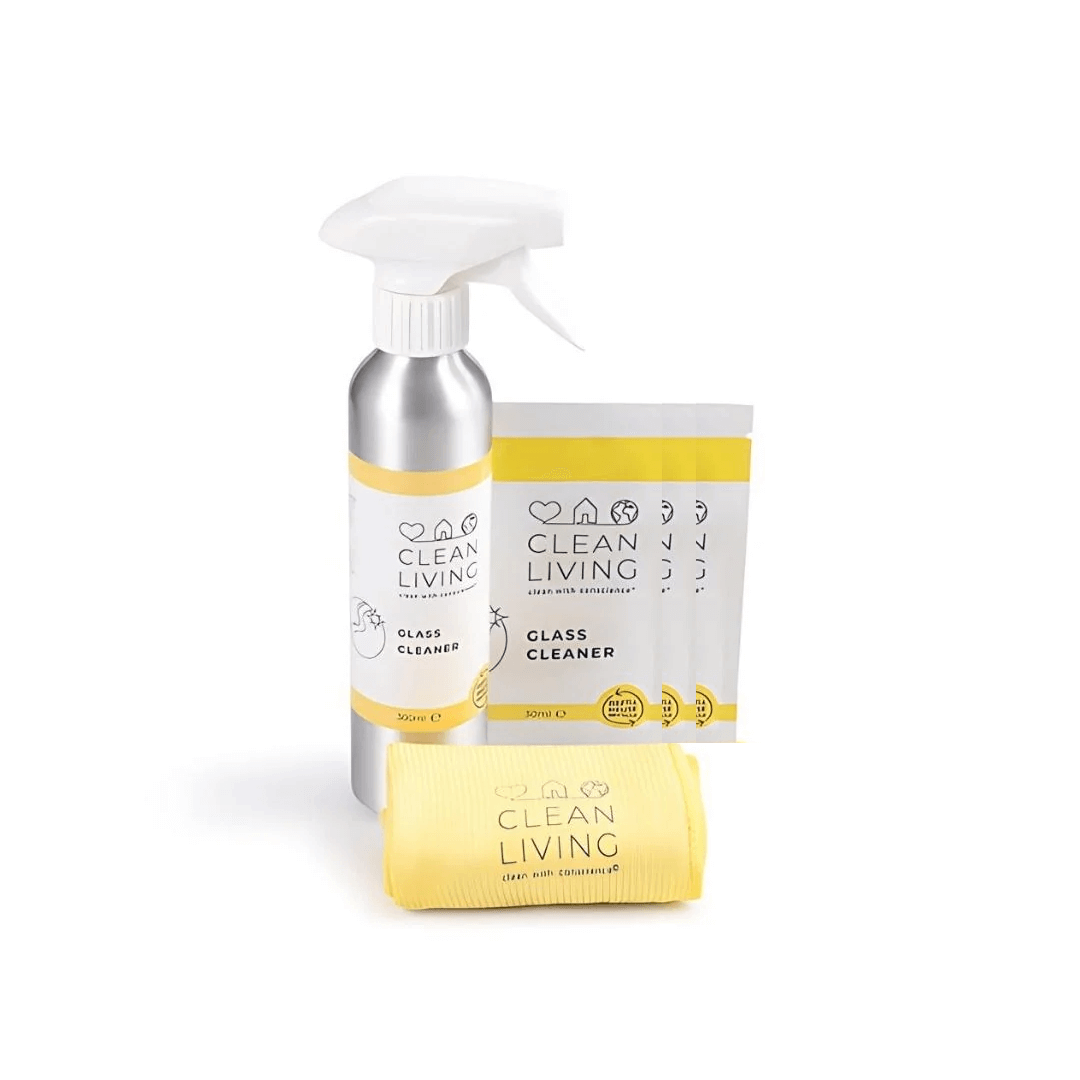 Streak Free Eco Glass Cleaner starter pack with spray bottle, microfibre cloth, and concentrate sachets.