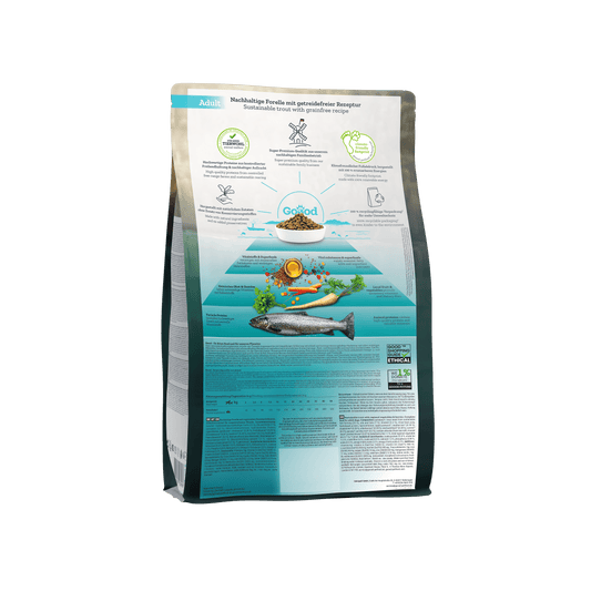 Sustainable Trout Dry Food for Adult Dogs packaging showcasing ingredients and nutritional information.