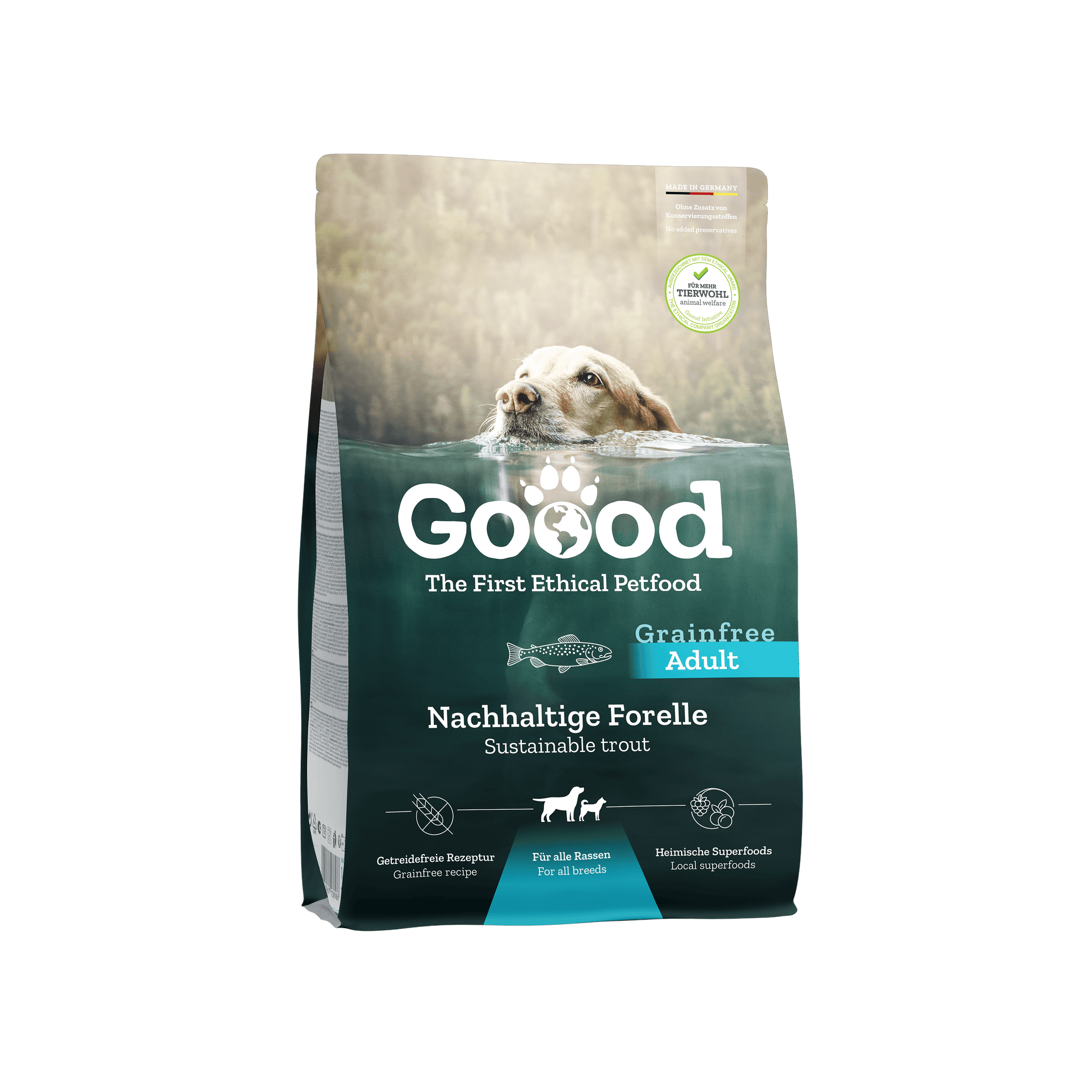 Sustainable Trout Dry Food for Adult Dogs packaging featuring a dog near water with a focus on ethical pet food.