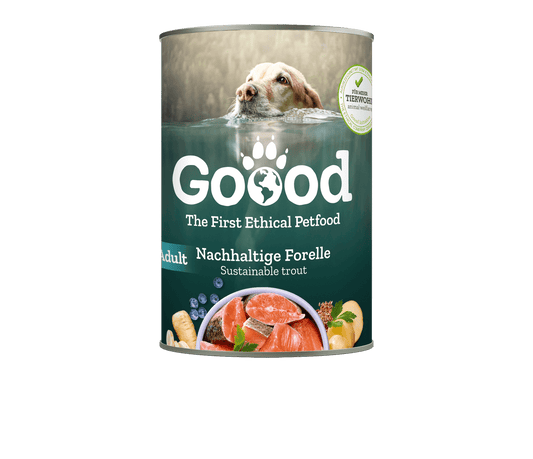 Sustainable Trout Wet Food for Adult Dogs in a can with ethical branding and a dog in water.