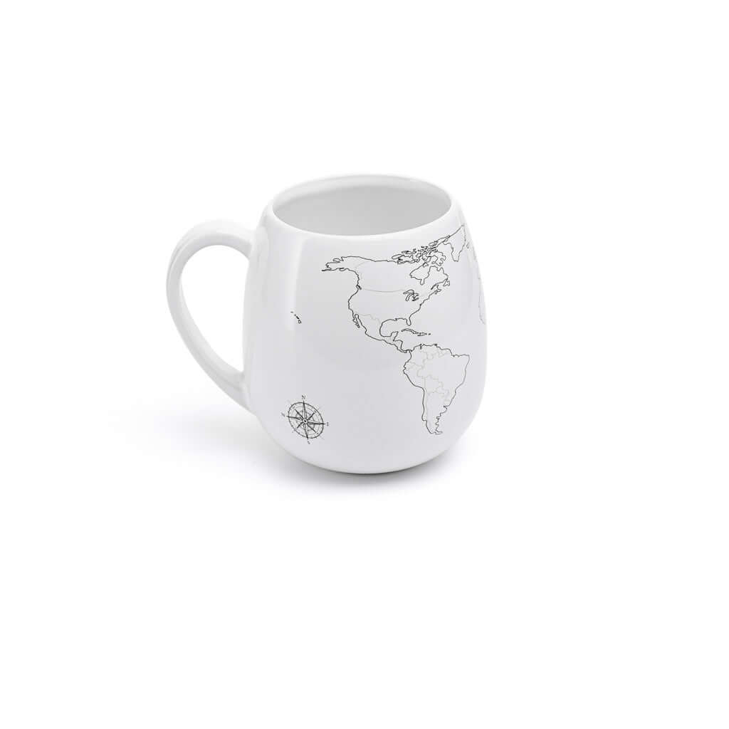 White mug with world map design on a white background