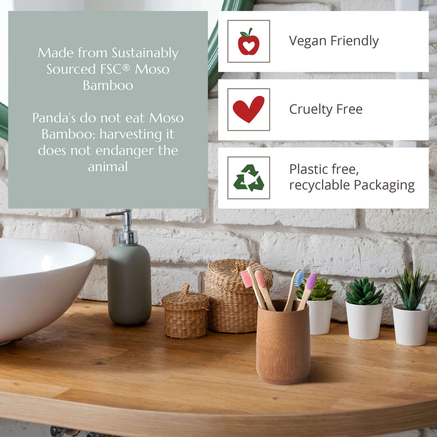 Bathroom setting with bamboo products and sustainability information on a wooden surface.