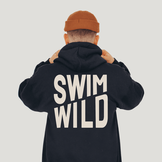Swim Wild black hoody from Eco-Friendly-Online-Shop, offering a cosy, eco-conscious layer for open-water enthusiasts.
