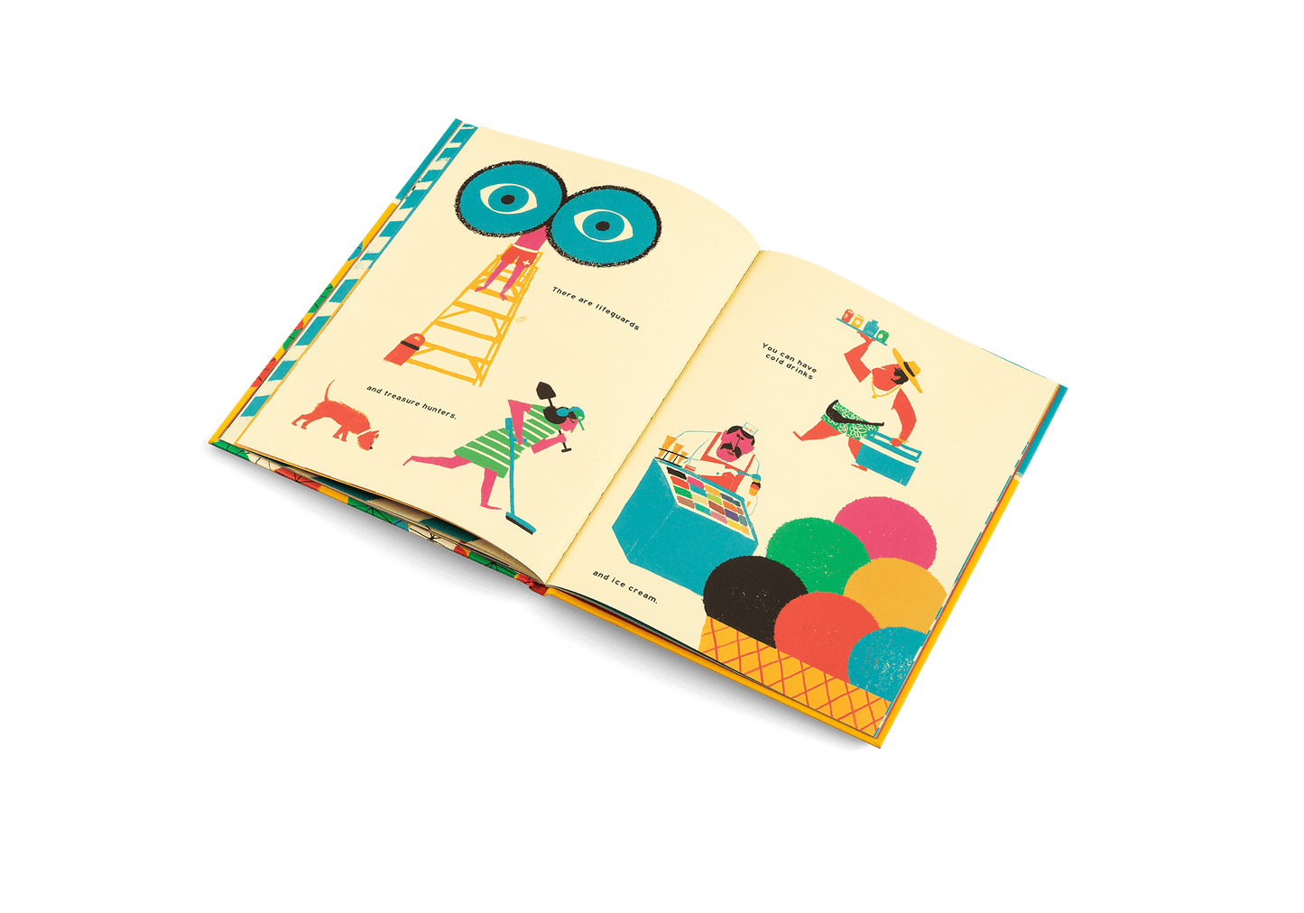 Open book with colorful illustrations on a white background