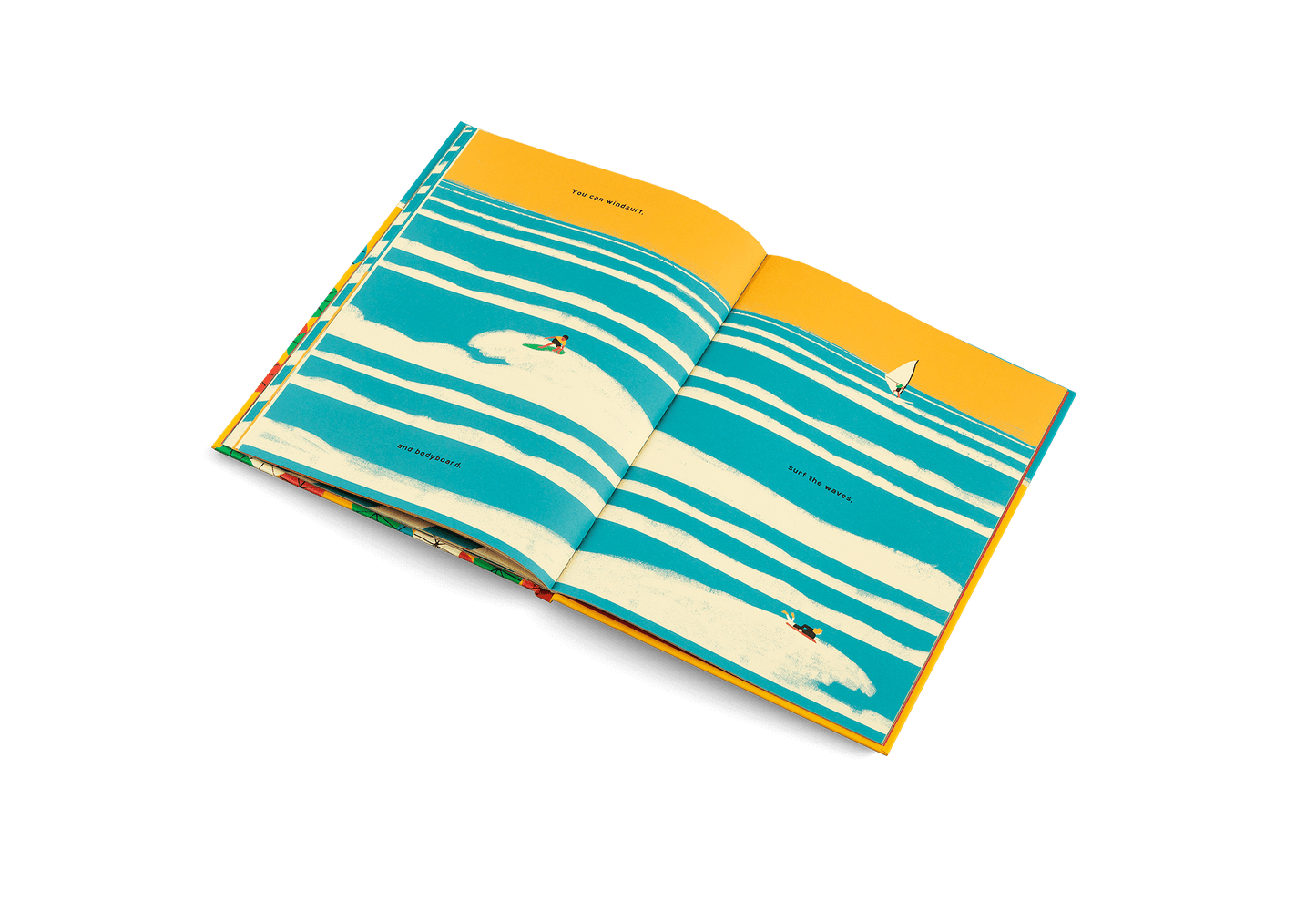 Open book with striped pages and a whale illustration on a white background