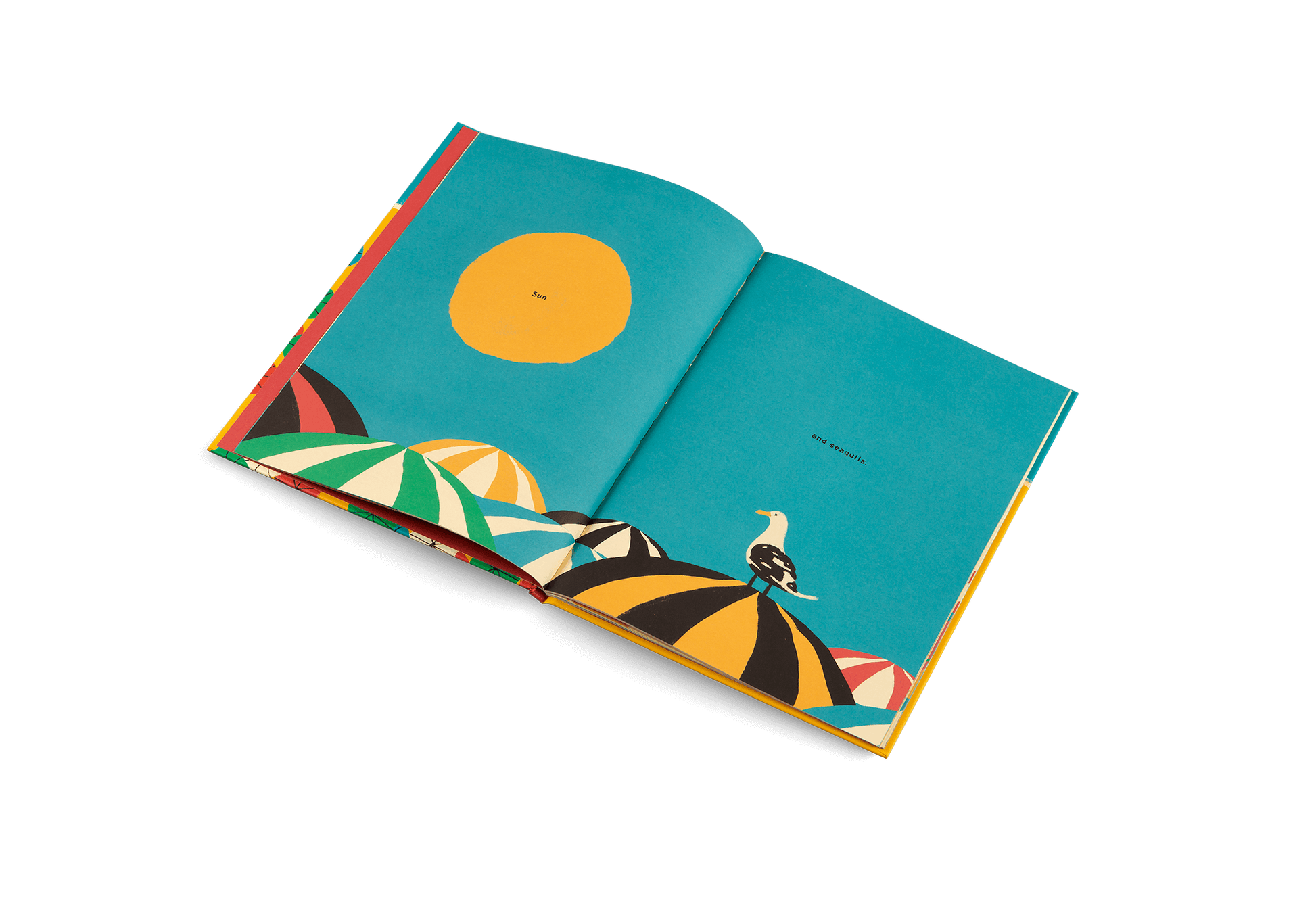 Children's Picture Book showing vibrant illustrations of a beach scene with umbrellas and a sun.