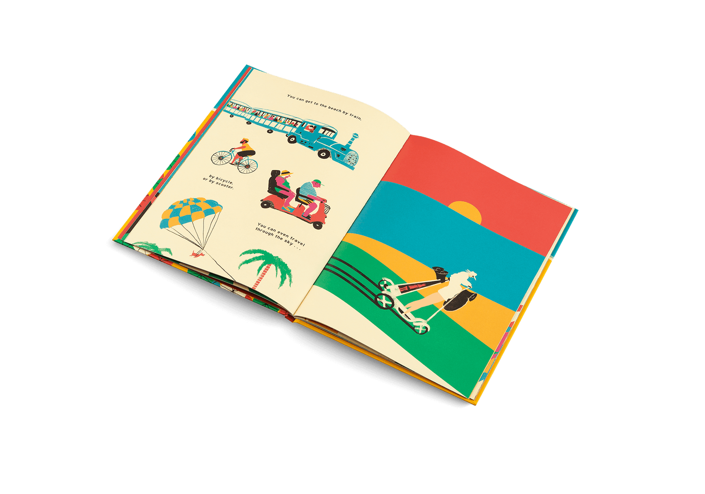 Open book with colorful illustrations on a white background