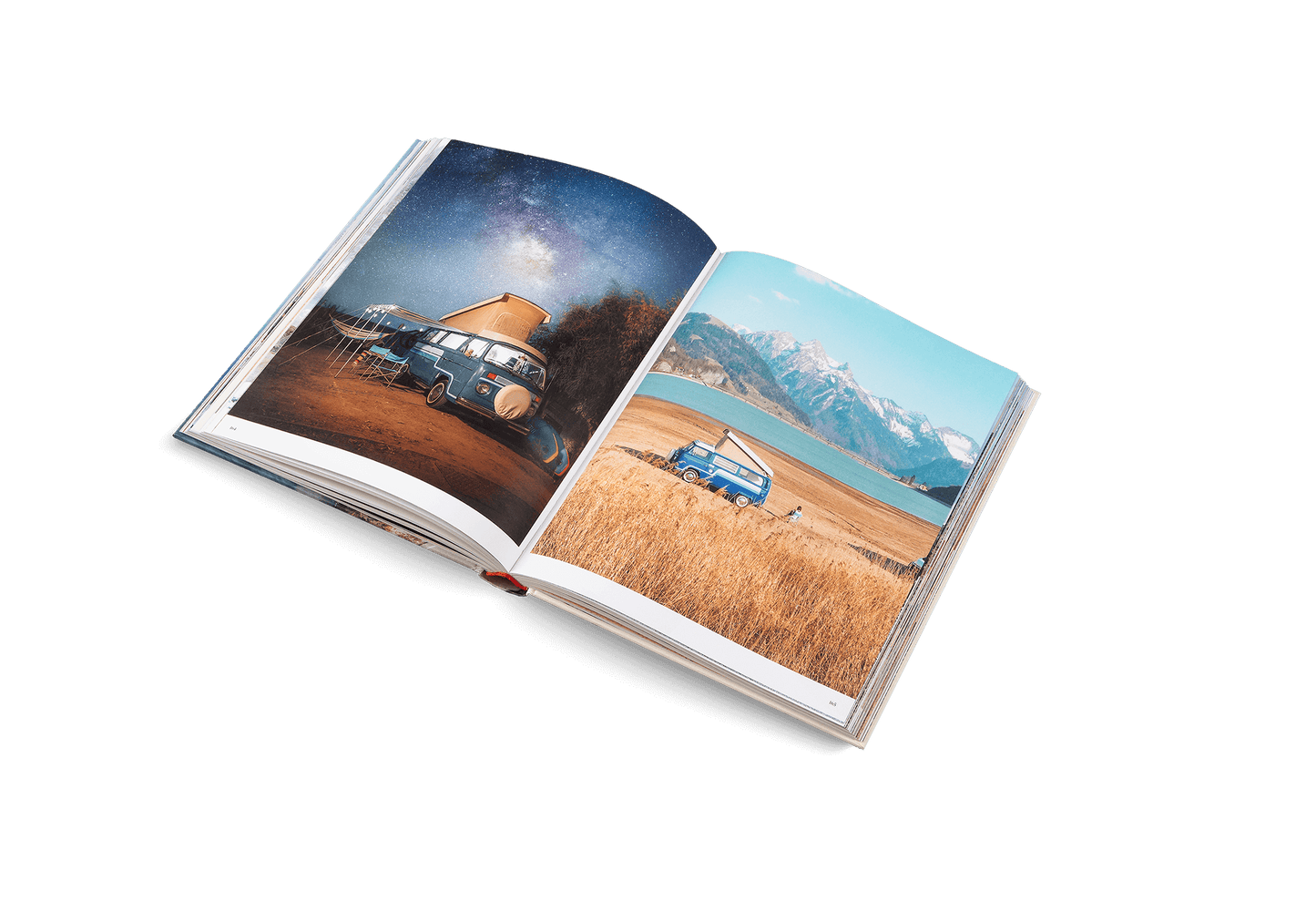 Open book showing two scenic images: one with a car near a mountain and another with a van in a field.