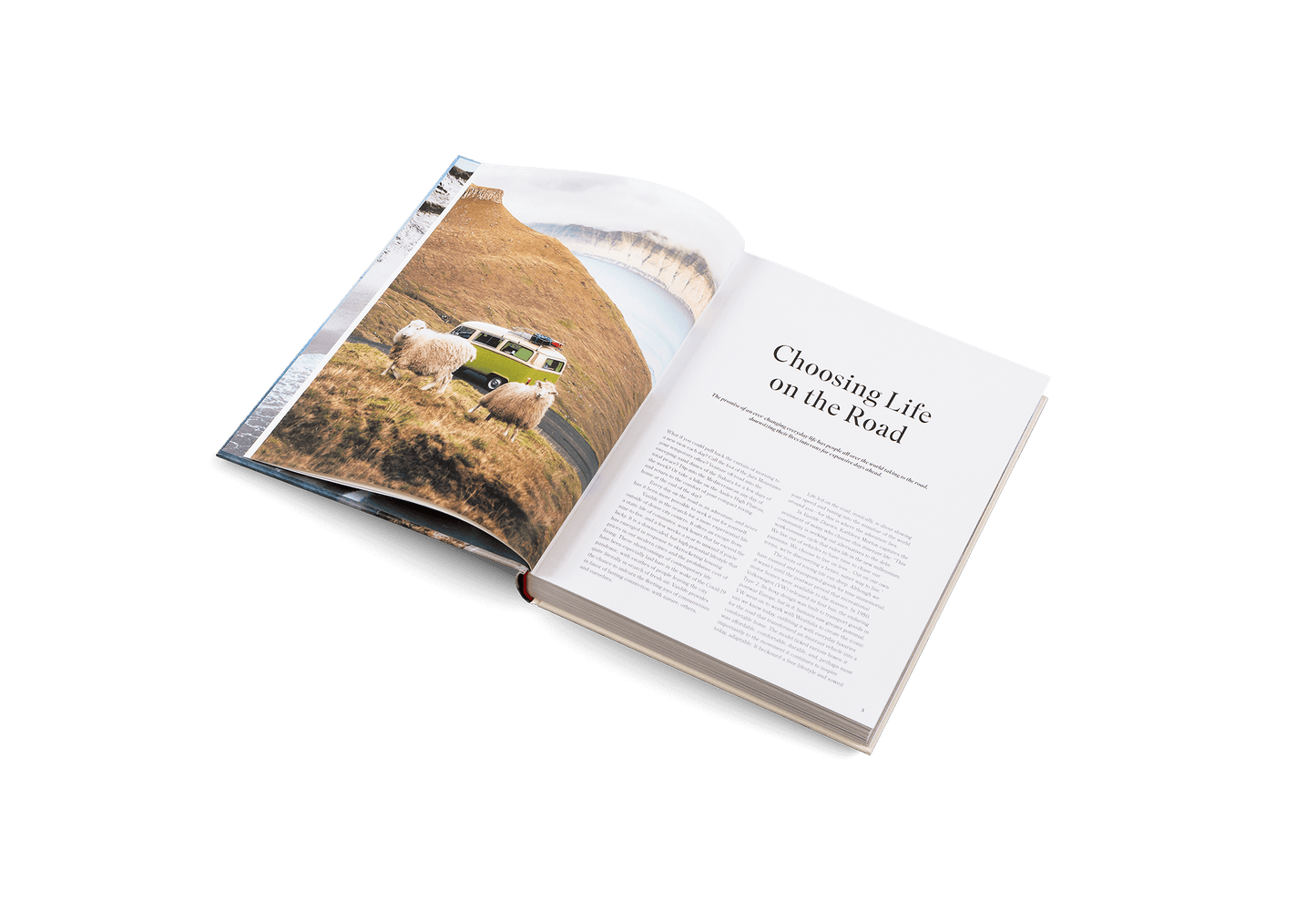 The Getaways - Vans and Life in the Great Outdoors, an open book showcasing life on the road with a scenic van image.
