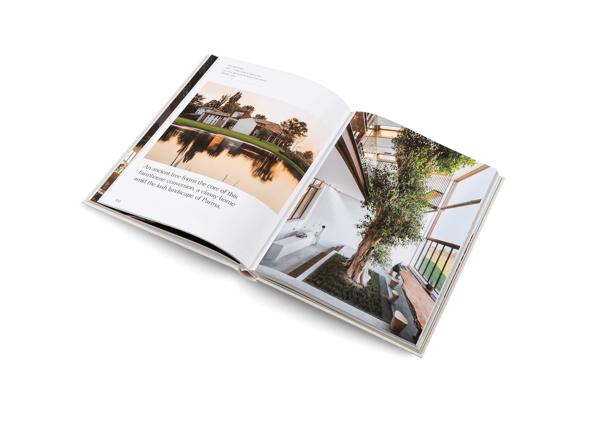 Open book featuring photos of biophilic architecture from The House of Green - Explore Biophilic Architecture.