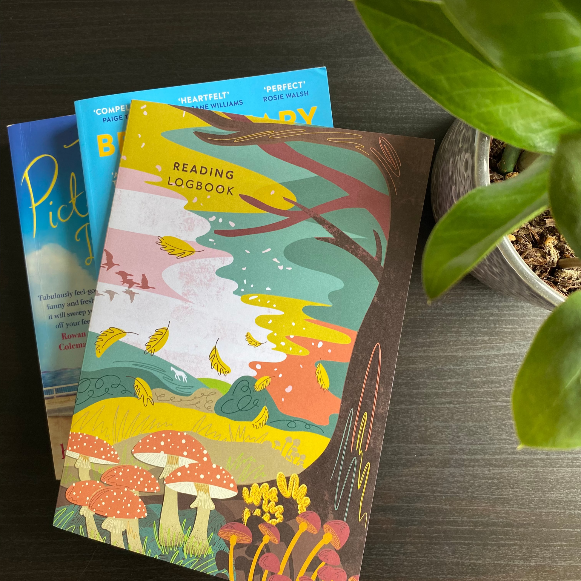 Colorful children's books on a wooden surface with a plant and floral fabric in the background