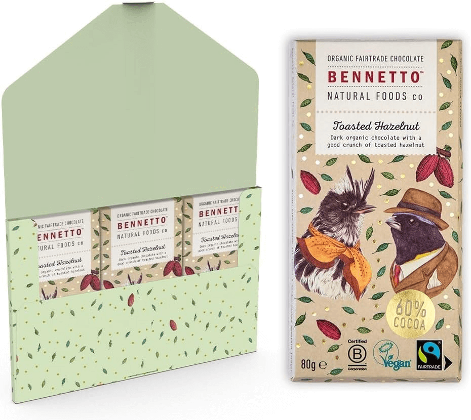 Toasted Hazelnut organic chocolate bar with toasted hazelnut crunch, eco friendly online shop in UK, Brighton and Hove.