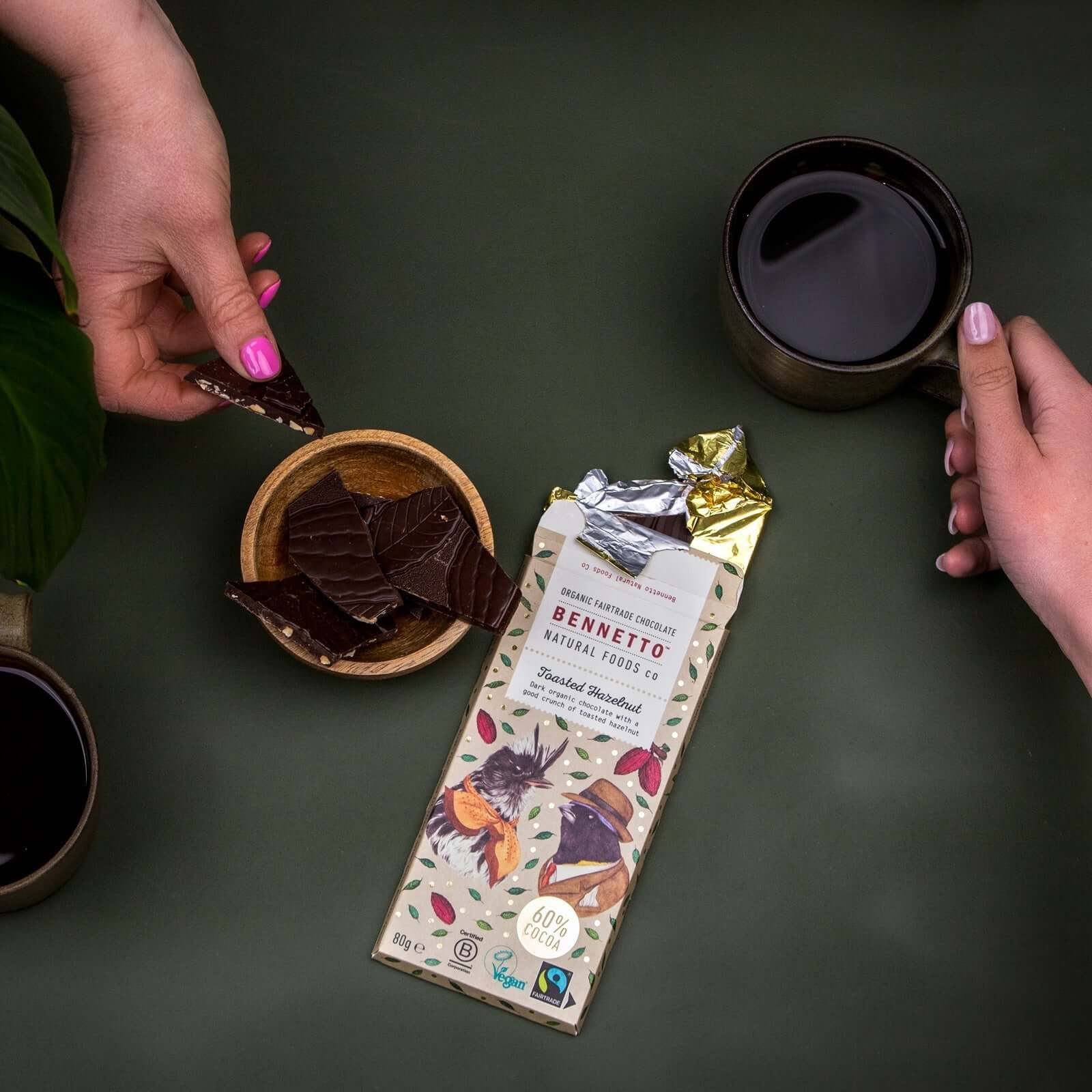 Toasted Hazelnut organic dark chocolate with toasted hazelnut served with coffee in Brighton and Hove eco friendly online shop.