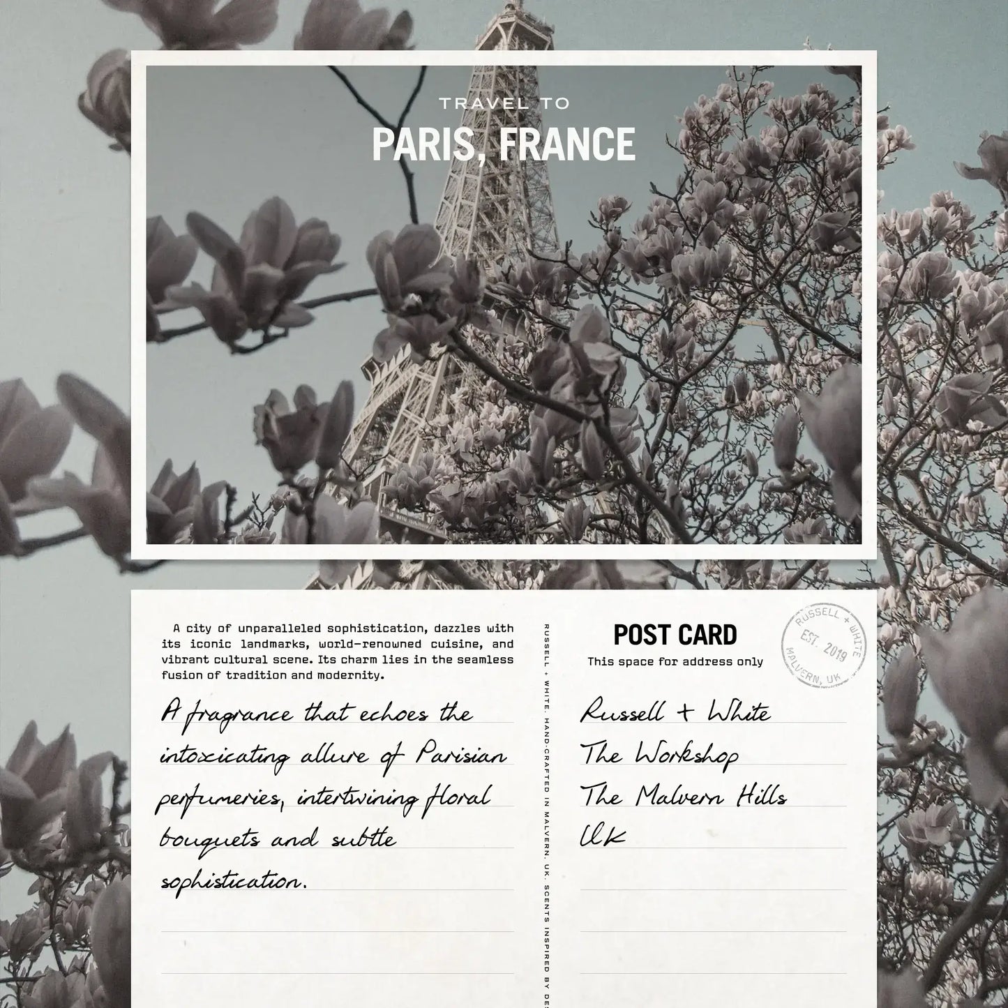 Postcard featuring the Eiffel Tower with floral motifs, depicting the allure of Paris, France.