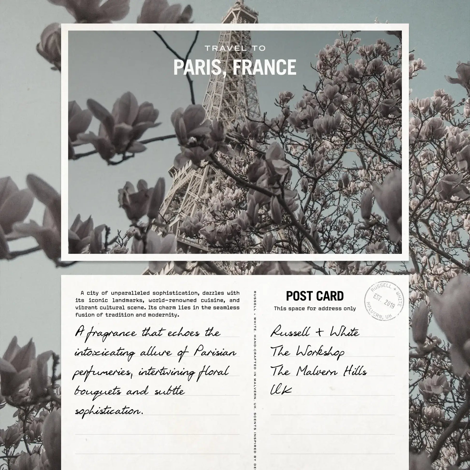 Postcard featuring the Eiffel Tower with floral motifs, depicting the allure of Paris, France.