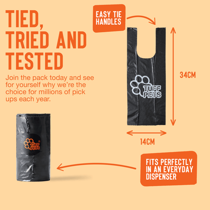 Black plastic bag with Tuff Pets branding on a beige background, featuring text about easy tie handles and dimensions.