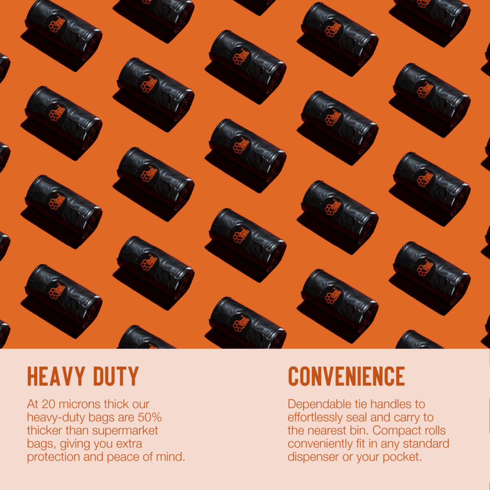 Pattern of black heavy-duty bags on an orange background with text about their features.