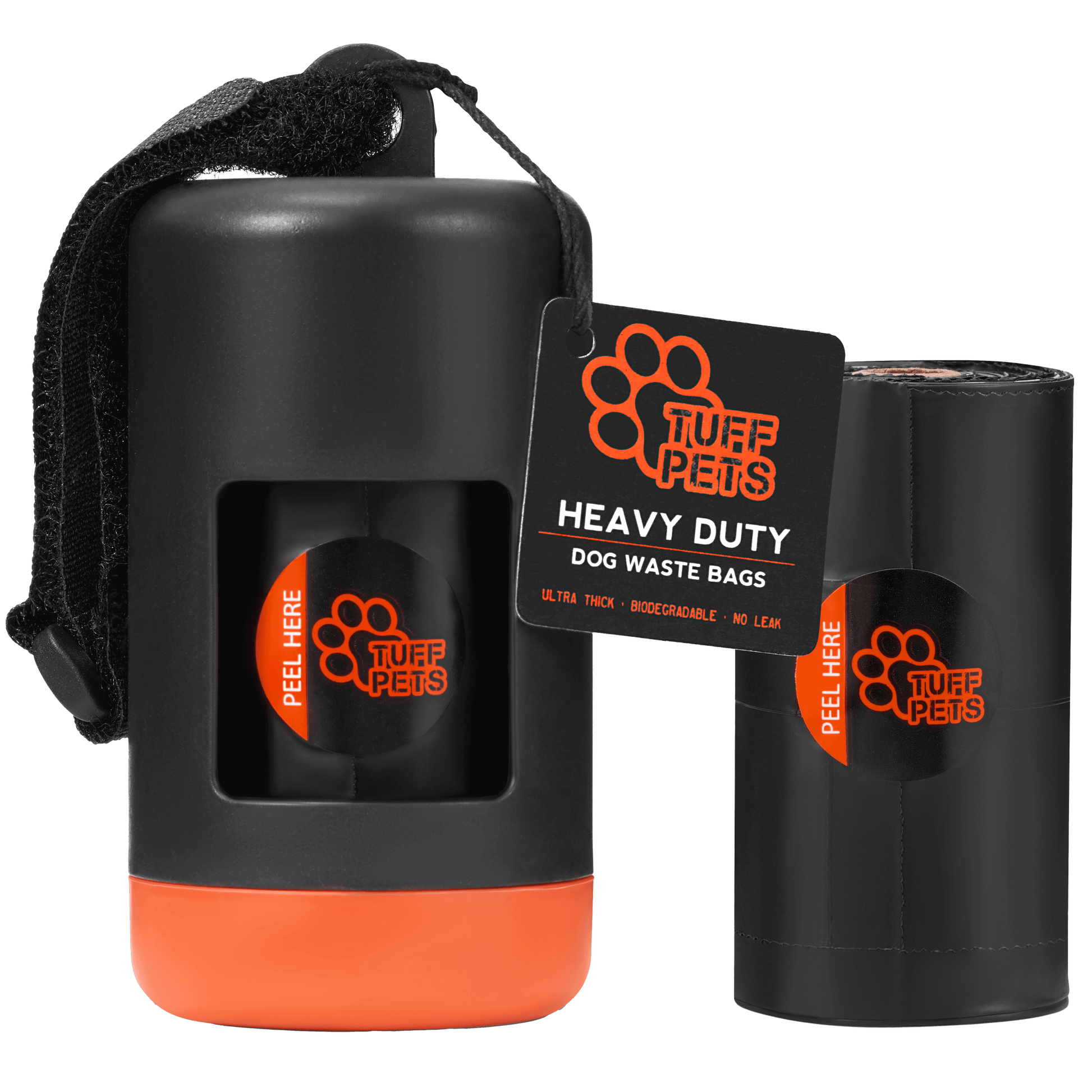 Black and orange dog waste bag dispenser with Tuff Pets branding on a clear background